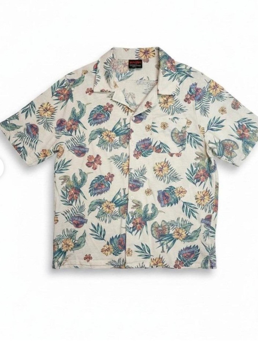 Vintage Men's Jurassic Park Floral Short-Sleeve Button-Down Shirt - White Multi